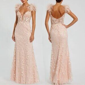 NWT | Mac Duggal 20889 Pink Sheer Applique Bustier Gown with Feather Straps 14